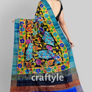 Kalamkari Design Handmade Saree | Zari Border Tussar Silk Party Wear | Peacock Print Saree on Sale