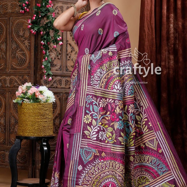 Hand Stitched Mulberry Purple Kantha Stitch Blended Bangalore Silk Saree with Blouse Piece  | Perfect for Weddings | Kantha Silk Saree