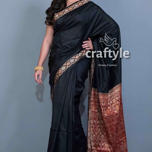 Ink Black Pashmina Silk Saree with Blouse Piece | Pashmina Saree for Women | Soft Silk Saree | Party Wear Saree on Sale
