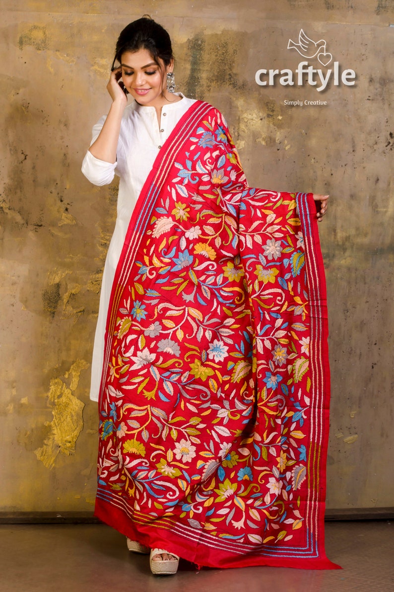 Kantha Stitch Dupatta Embroidered Silk Dupatta Bangalore Etsy