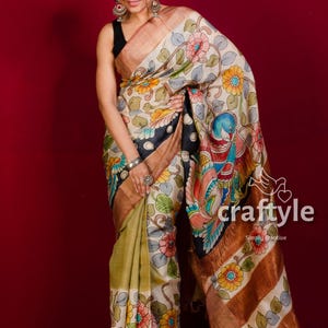 Kalamkari Handpainted Tussar Silk Saree | Floral Tussar Kalamkari Saree with Blouse Piece for Party Wear