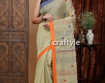 Pixie Green Handloom Cotton Saree with Delicate Stitching - Perfect for Work or Special Occasions
