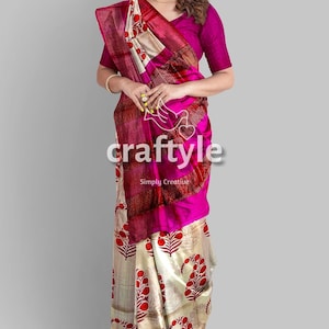 Silk Mark Certified Hand Block Print Zari Tussar Silk Sarees | Pure Tussar Silk Saree with Blouse Piece | Block Printed Silk Sari on Sale