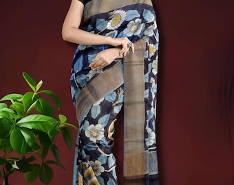 Deep Grey Handmade Kalamkari Saree | Kalamkari Print Zari Border Tussar Silk Saree | Party Wear Saree on Sale