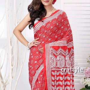 Tomato Red & White Bengal Heritage Silk Kantha Stitch Saree | Silk Fashion Statement