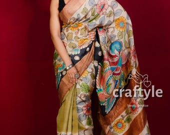Kalamkari Handpainted Tussar Silk Saree | Floral Tussar Kalamkari Saree with Blouse Piece for Party Wear