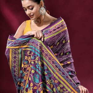 Kantha Work Saree | Soft Silk Bengali Saree with Elegant Handcrafted Kantha Stitching for Women Ethnic Wear