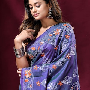 Pigment Blue Lotus Pattern Kantha Stitch Silk Sari