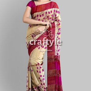 Silk Mark Certified Hand Block Printed Zari Tussar Saree | Block Print Pure Tussar Silk Saree |  Zari Border Tussar Silk Sarees for Women