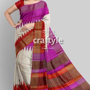 Silk Mark Certified Hand Block Print Tussar Silk Saree with Blouse Piece | Zari Border Pure Tussar Silk Sari | Handmade Party Wear Saree