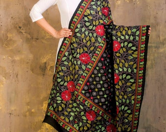 Kantha Stitch Dupatta | Embroidered Silk Dupatta | Hand Embroidered Shawl