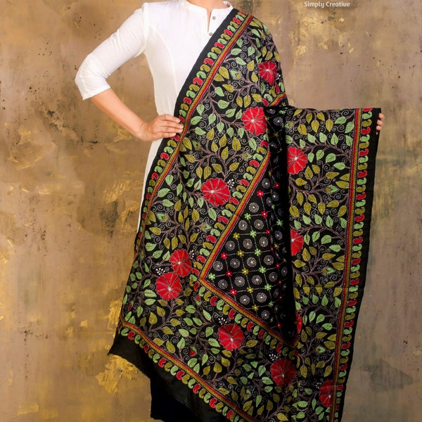 Kantha Stitch Dupatta | Embroidered Silk Dupatta | Hand Embroidered Shawl