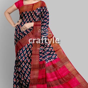 Silk Mark Certified Hand Block Print Saree | Zari Tussar Silk Sarees | Pure tussar silk saree with Blouse Piece | Block Printed Saree Sale