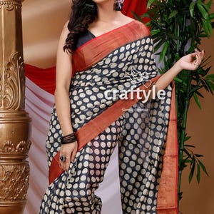 Black & White Hand Block Printed Zari Tussar Silk Sarees | Silk Mark Certified Pure Tussar Saree | Block Print Saree for Women
