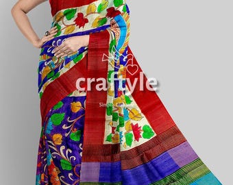 Persian Blue Hand Painted Bishnupuri Tussar Kalamkari Sarees |  Zari Border Tussar Silk Saree with Blouse Piece