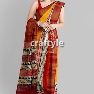 Exclusive Hand Block Print Pure Tussar Saree with Blouse Piece | Silk Mark Certified Zari Border Tussar Silk Saree | Bishnupuri Saree