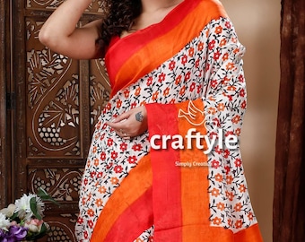 Block Printed Multicolor Floral Pure Mulberry Silk Saree - Handmade Silk Sari for Women, Elegant & Unique Design Sale