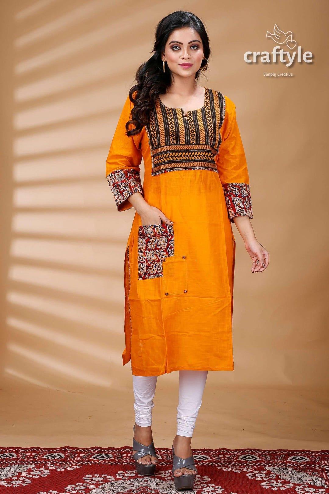 Orange - Kalamkari Printed Cotton Kaftan Kurta