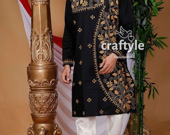 Raven Black Floral Kantha Work Hand Embroidered Cotton Kurta | Men's Kurta | Pure Cotton Panjabi for Men | Kurta for Men | Mens Kurta