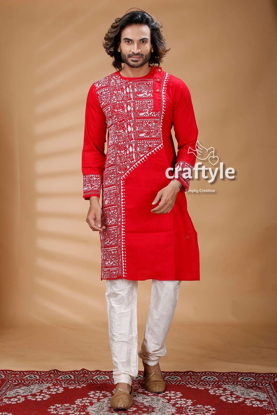 Red Long Kurta with Embroidery and Hand Painted Folk Design