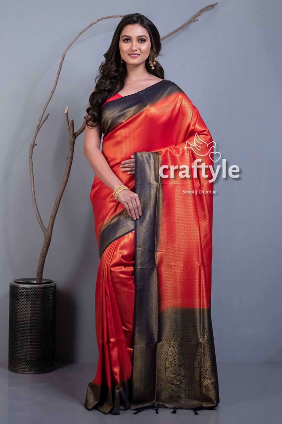 Crimson Red Brocade Kanjivaram Saree With Running Blouse Piece
