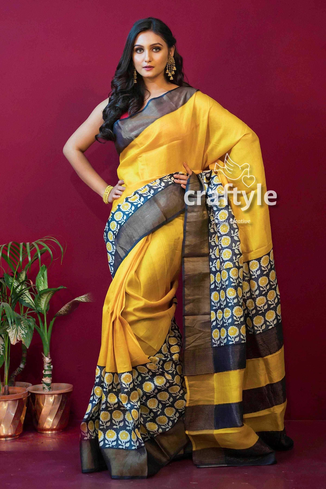 Butter Yellow Hand Block Print Saree Zari Tussar Silk Sarees Pure ...
