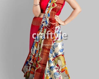 Stunning Peacock Design Handcrafted Kalamkari Saree with Blouse Piece |  Zari Border Tussar Silk Saree | Hand Painted