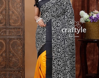 Block Printed Pure Silk Saree - Yellow & Black Warli Design, Handcrafted Mulberry Silk Party Wear, SilkMark Certified
