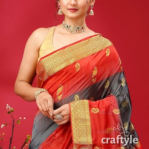 Stunning Deep Slate Gray and Red Kanjivaram Silk Saree - Perfect for All Occasions
