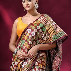 Cinnamon Brown Kantha Saree for Women | Hand Embroidered Silk Kantha Stitch Sari on Sale