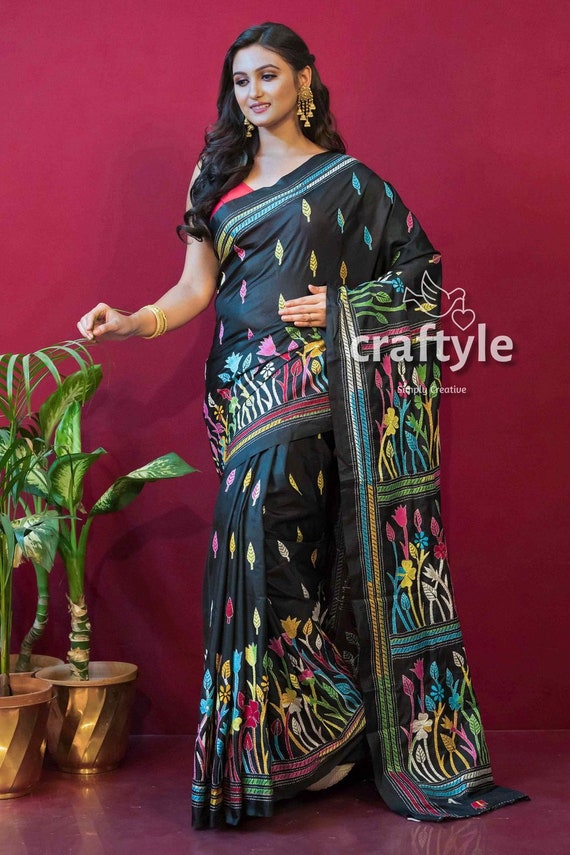 Hand Embroidered Kantha Stitched Silk Saree in Dark Blue | bengallooms |  Blouse designs silk, Fashion sketches dresses, Saree designs
