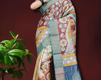 Silk Mark Certified Hand Painted Kalamkari Saree | Zari Border Pure Tussar Sari with Blouse Piece | Elegant Kalamkari Silk Sari
