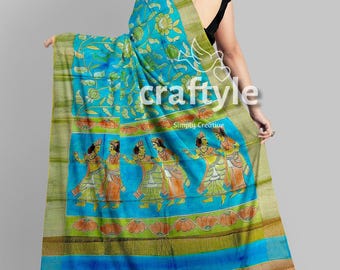 Radha Krishna Design Hand Painted Tussar Kalamkari Saree with Blouse Piece | Zari Tussar Silk Saree | Kalamkari Sari