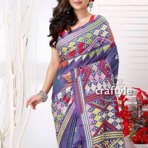 Dark Slate Blue-Green Dualtone Hand Embroidered Silk Kantha Saree | Silk Artisan Wear