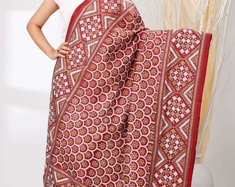 Claret Maroon Silk Dupatta with Kantha Stitch - Handcrafted  Pure Silk  White Accents