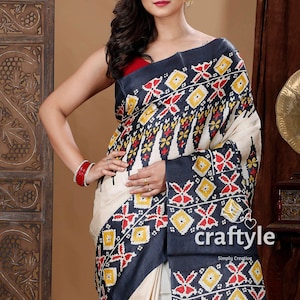 Ivory White & Black Hand Block Print Tussar Silk Sarees | Pure Tussar Silk Saree with Blouse Piece | Exclusive Bishnupuri Saree on Sale