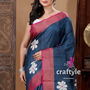 Metal Black Flower Design Hand Block Print Pure Tussar Saree with Blouse Piece | Zari Border Tussar Silk Saree | Bishnupuri Saree