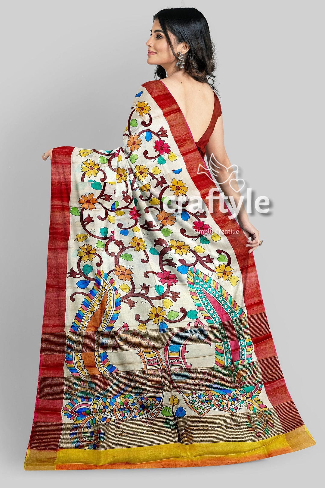 Yellow Kalamkari Printed Silk Blend Saree With Unstitched Blouse Piece