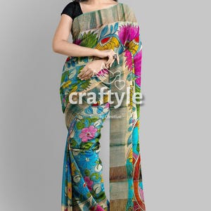 Floral Motif Hand Painted Tussar Kalamkari Saree with Blouse Piece | Zari Tussar Silk Saree | Kalamkari Sari