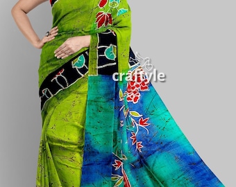 Batik Silk Saree - Radha Krishna Design Mulberry Pure Silk Sari for Elegant Women's Fashion - Traditional Indian Attire