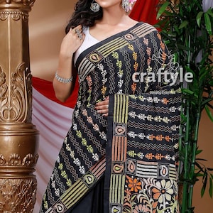 Kantha Stitch Saree Midnight Black Silk Hand Embroidered Party Wear Saree with Blouse Piece Festive Indian Wear