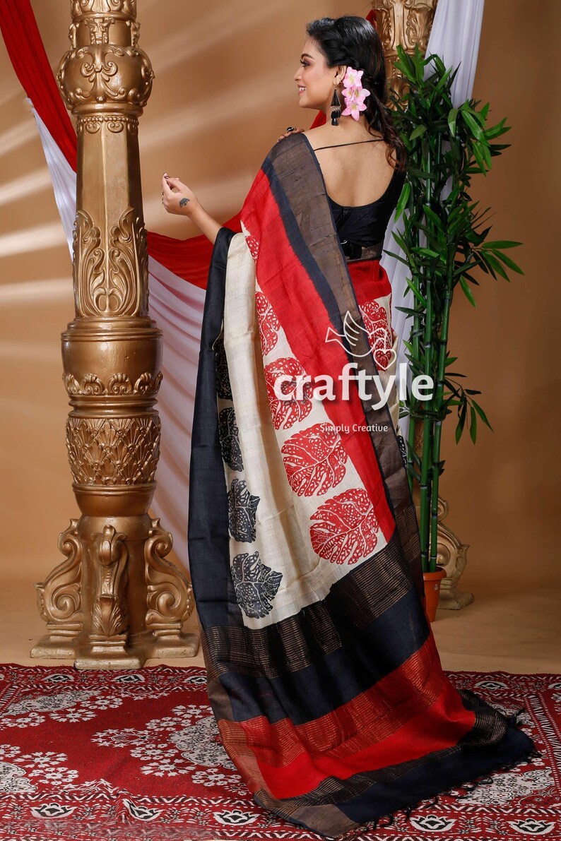 Malar Cream Hand Block Print Saree