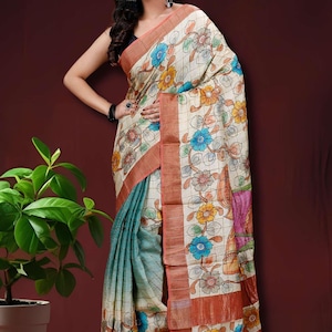 Bal Ganesha Hand Painted Kalamkari Saree with Blouse Piece |  Zari Border Tussar Saree on Sale
