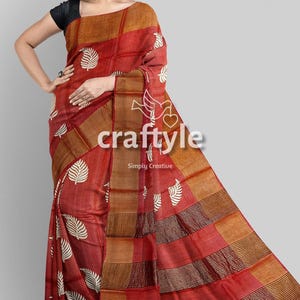 Block Print Saree | Zari Border Tussar Silk Saree | Silk Mark Certified Pure Tussar Saree with Blouse Piece | Hand Block Printed Saree