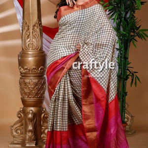 Ivory White & Black Hand Block Print Pure Tussar Saree with Blouse Piece | Zari Border Tussar Silk Saree | Bishnupuri Saree