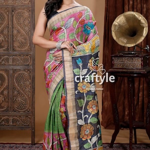 Blush Pink Tussar Kalamkari Saree for Women | Hand Painting on Zari Border Tussar Silk Saree with Blouse Piece