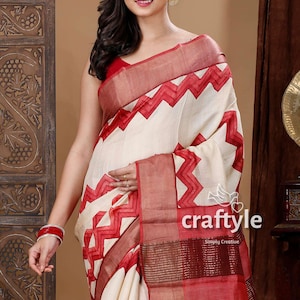 Cream White Zigzag Design Hand Block Printed Zari Tussar Silk Sarees | Silk Mark Certified Pure Tussar Saree | Block Print Saree for Women