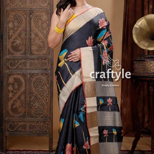 Kalamkari Hand Painted Tussar Silk Saree | Ebony Black Indian Saree | Elegant Kalamkari Sari for Special Occasions