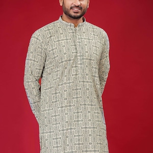 Sequin Embellished Dark Olive Green-Westar Embroidery Kurta for Men