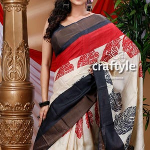 Silk Mark Certified Cream White Hand Block Print Saree | Zari Tussar Silk Sarees | Pure tussar silk saree with Blouse Piece | Saree on Sale